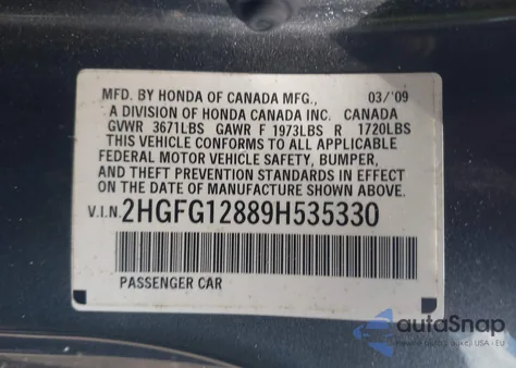 2009 Honda Civic Ex from USA, damaged, VIN 2HGFG12889H535330